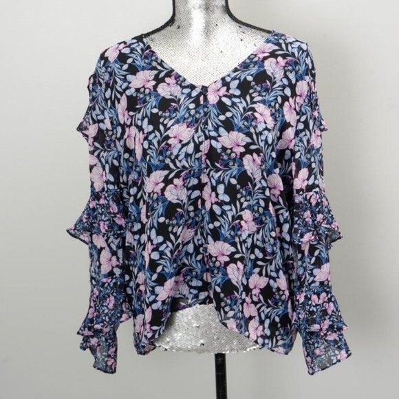 NWT Vince Camuto Navy Floral Tiered Ruffle-Sleeve V-Neck Top -Large - Picture 1 of 6